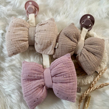 Schnullerschleife aus Stoff mit Glitzer – beige