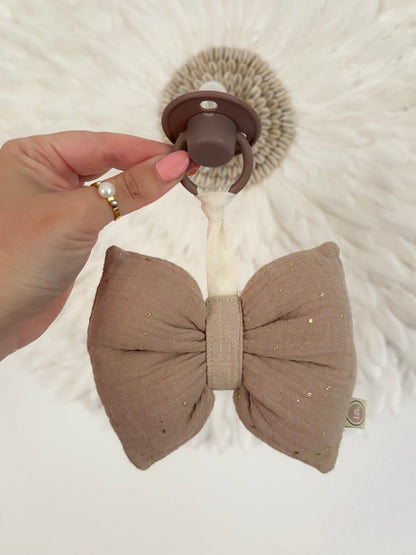 Schnuller-Stoffschleife mit Glitzer – Taupe