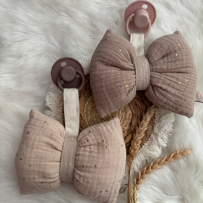 Schnuller-Stoffschleife mit Glitzer – Taupe