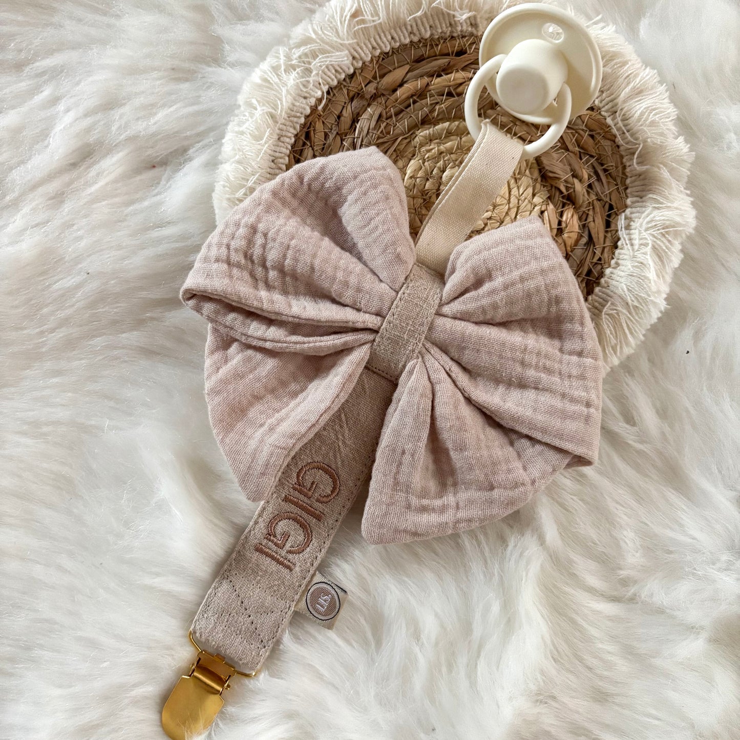 Schnullerclip-Schleife Deluxe – Beige