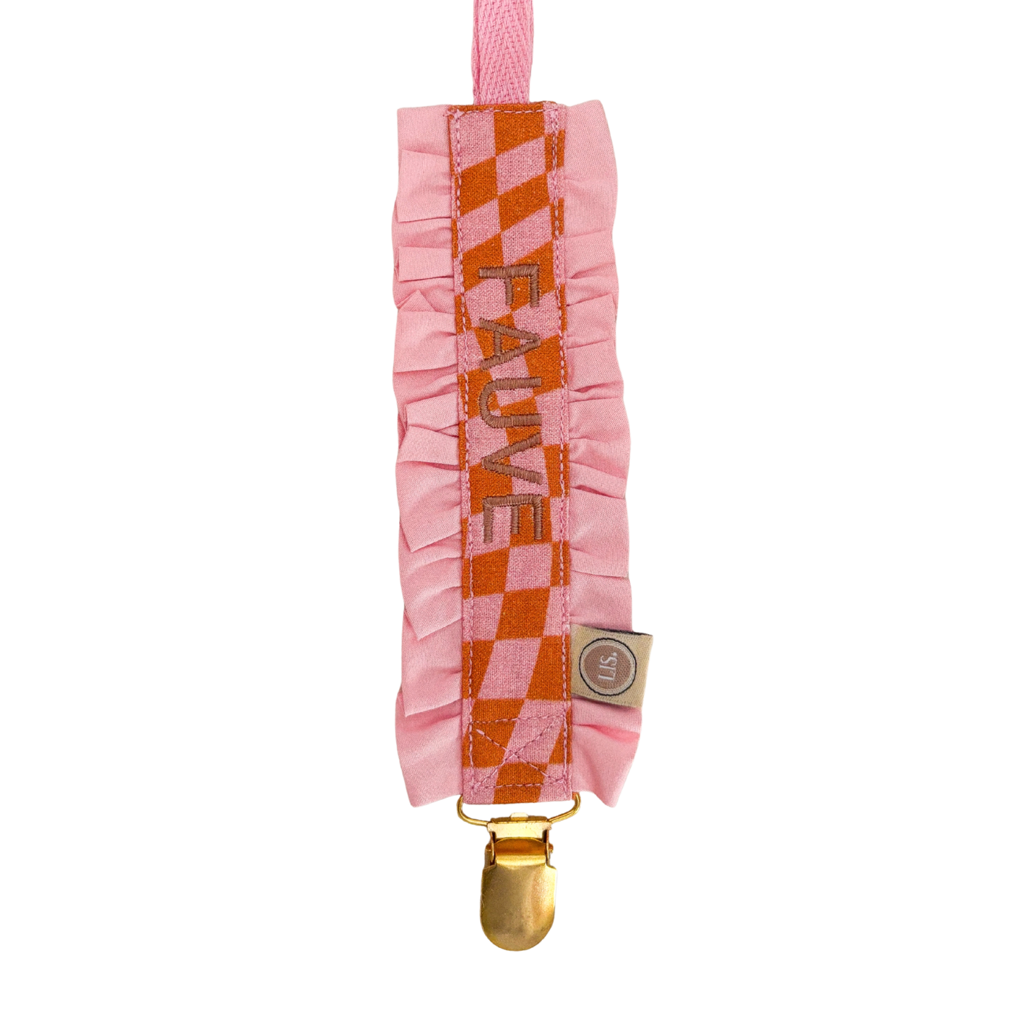 Schnullerclip mit Namensrüschen – Rosa/Orange