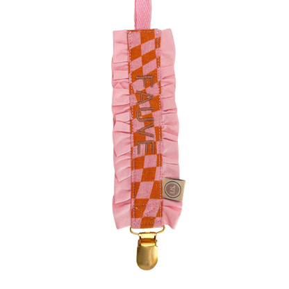 Schnullerclip mit Namensrüschen – Rosa/Orange